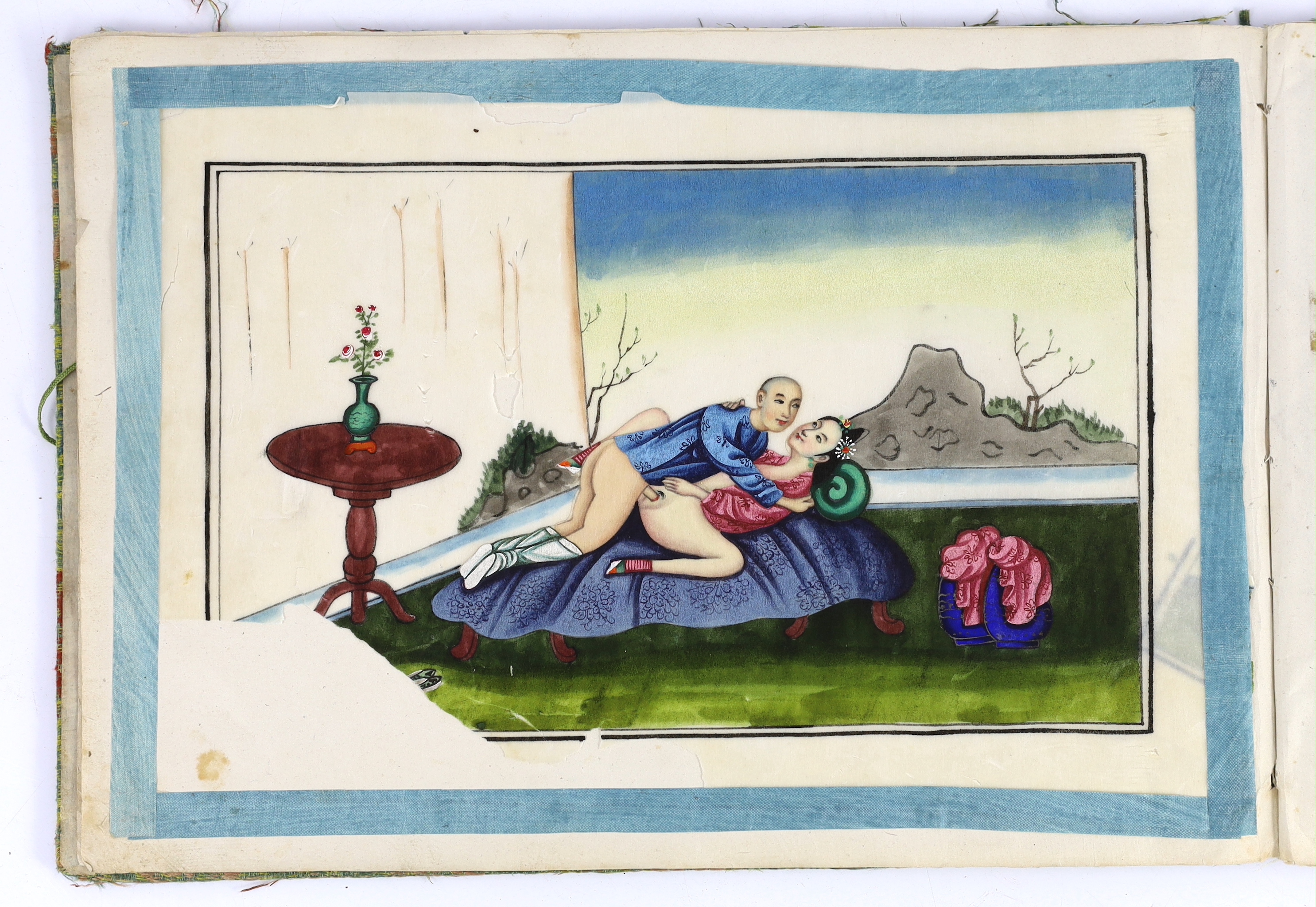 A Chinese album of twelve paintings on pith paper, erotic subjects, late 19th century, tears and losses to pith paper